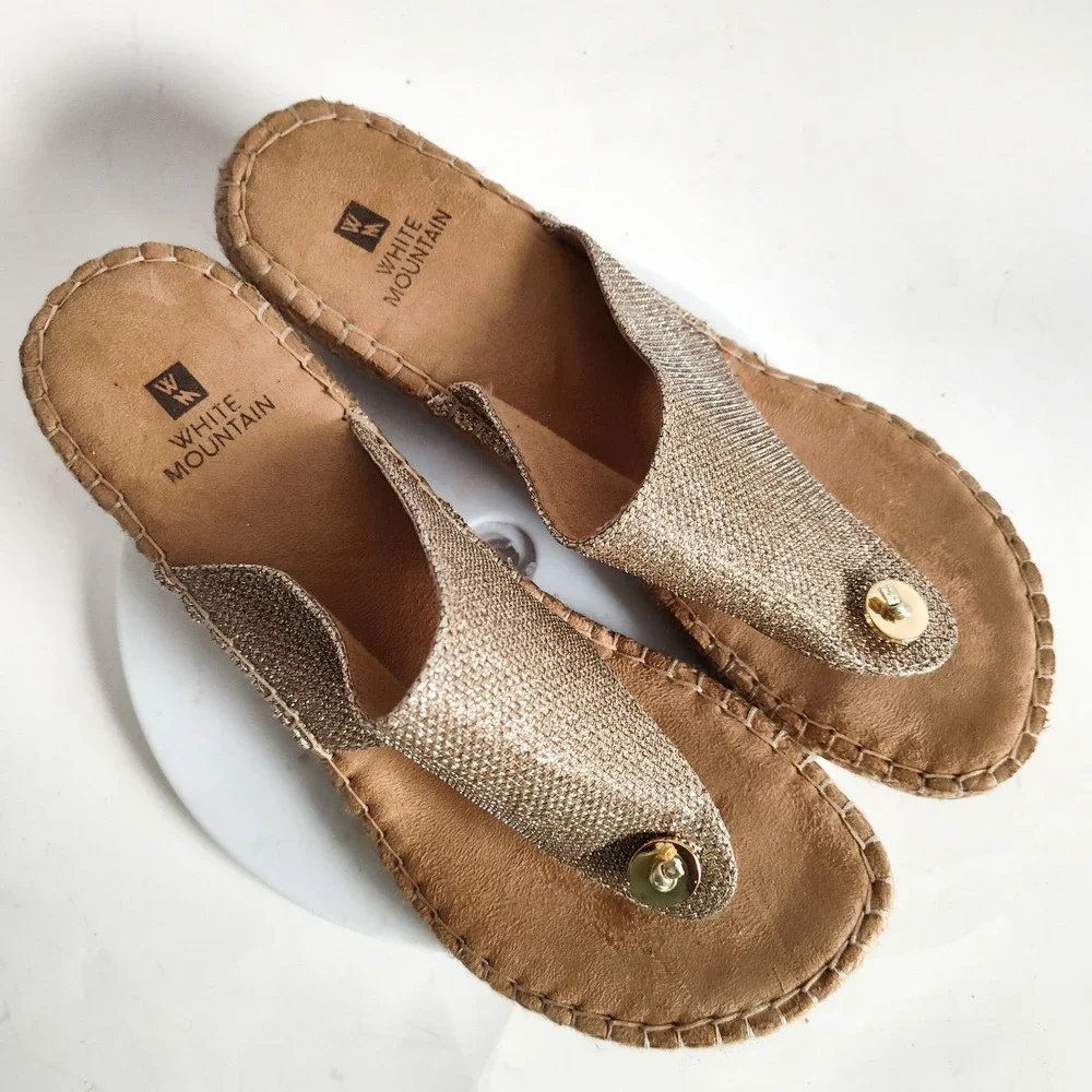 White Mountain Sandals Size 10 Espadrilles Wedges‎ Open Toe Mules Gold Glitter
